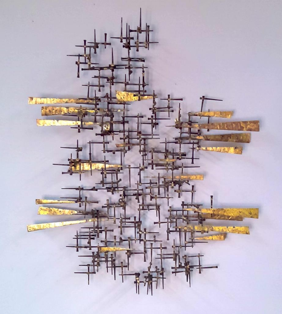 Attributed to William Bowie (American, 20th C.): Brutalist Nail Sculpture, Circa 1960's, 1960's, Monumental Brutalist wall sculpture constructed of welded iron nails and hammered brass elements in an abstract geometric composition. The work 
