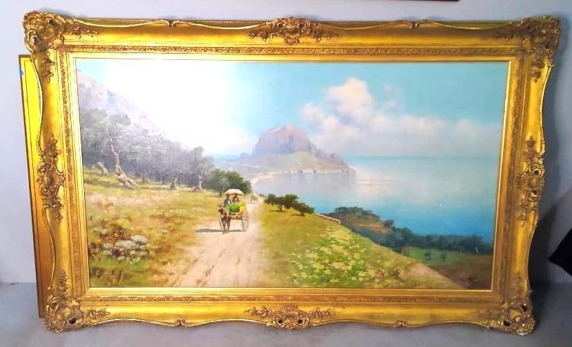Erminio Kremp (German-Italian, 1860–1936): Sicilian Coastal Road with Donkey Cart, Palermo 1925 Very large oil on canvas depicting a sunlit coastal road overlooking the Mediterranean, with a donkey-drawn produce cart in the foreground and a mo
