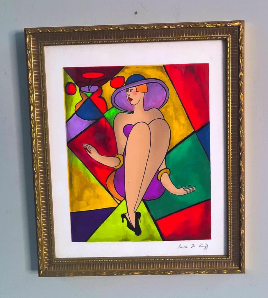 Linda Le Kinff (French, born 1949): Debby , 1998, Depicting a fashionable seated woman wearing a broad-brimmed purple hat, set against a brightly colored geometric interior. Color serigraph on wove paper Signed in the plate lower right.