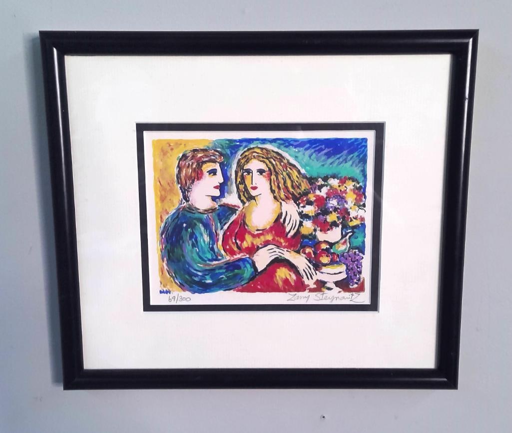Zamy Steynovitz (Polish-Israeli, 1951–2000): Let's Dance, Color serigraph on wove paper depicting a seated couple beside flowers and fruit. Pencil signed “Zamy Steynovitz” lower right and numbered 69/300 lower left. From an edition o