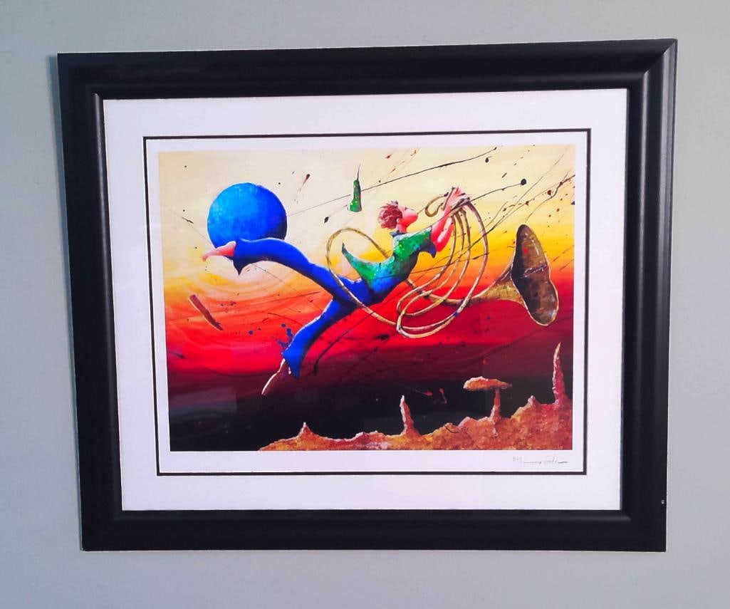 Marcus Glenn (American, b. 1968): Floatin’ with the Mojo, Color seriolithograph on paper Signed in plate lower right Image: H 19 x W 23 inches; Frame: H 27 x W 33 inches Matted beneath glass in a black frame. Condition: Apparently g