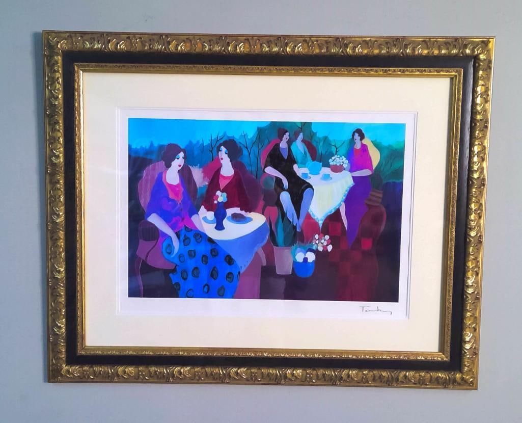 Itzchak Tarkay (Israeli, 1935–2012): Morning Social, Depicting five stylized women gathered at outdoor café tables surrounded by flowers and foliage. Seriolithograph in color on paper Plate-signed lower right Image: H 16 x W 24 inches; 