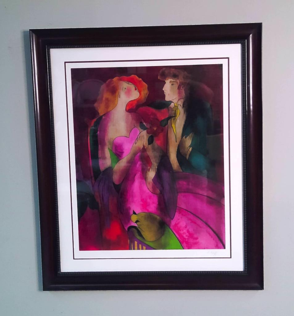 Linda Le Kinff (French, b. 1949): Robe du Soir, 2005, depicting an elegantly dressed couple seated together, the woman holding a red flower with a cat resting in the foreground. Color seriolithograph on paper Pencil-signed in the lowe