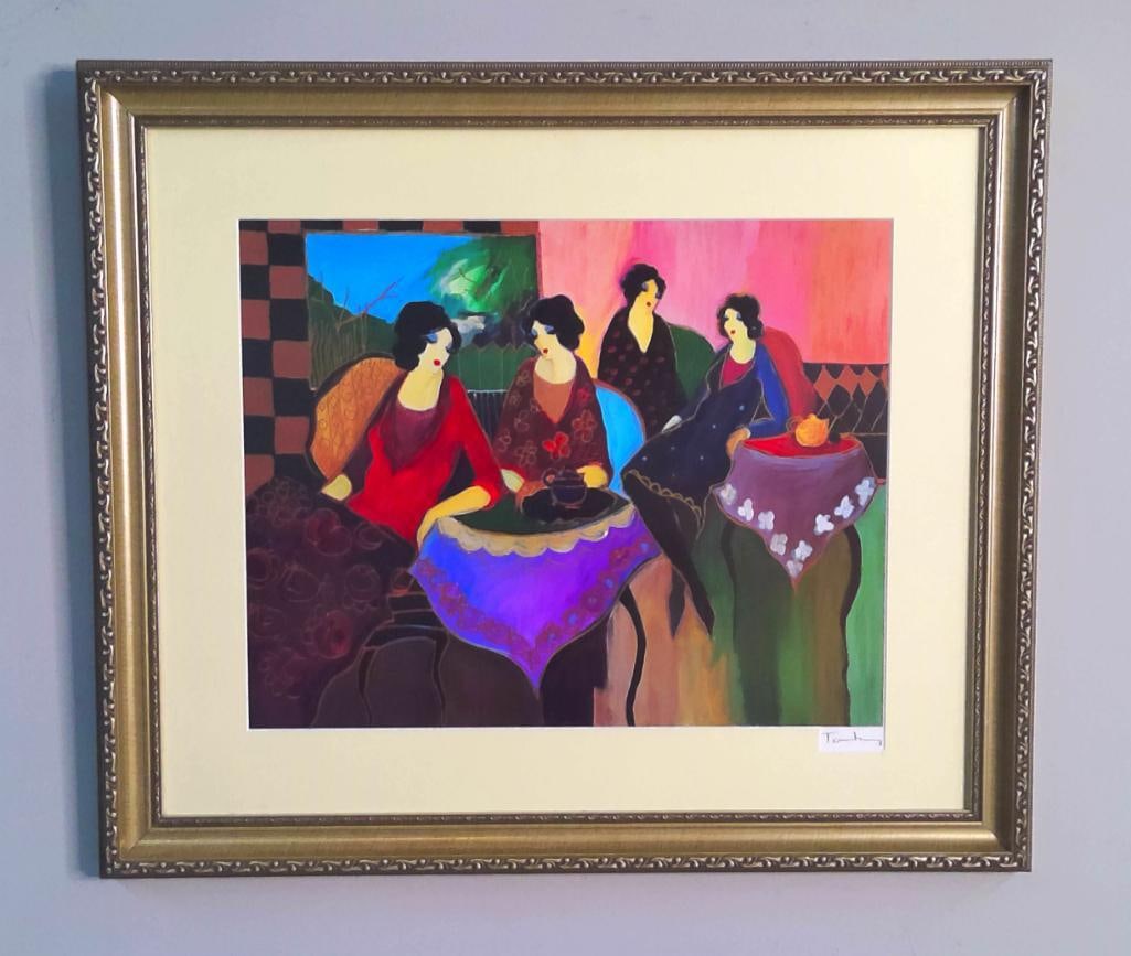 Itzchak Tarkay (Israeli, 1935–2012): Two by Two, Depicting four elegantly dressed women gathered around café tables, Color serigraph on paper Signed in pencil lower right. Image: H 16 x W 20 inches; Frame: H 25 x W 29 inches Matted bene