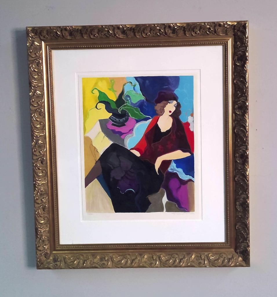 Itzchak Tarkay (Israeli, 1935–2012): "Tabitha", 1998, depicting a seated woman in a richly colored interior, 275/350 Serigraph in color on wove paper Signed in pencil, numbered Image: H 17 x W 14.25 inches; Frame: H 29 x W 26 inc