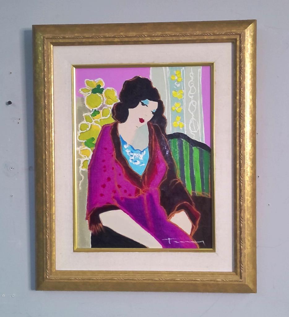 Itzchak Tarkay (Israeli, 1935–2012): Rêveuse, 1997, Depicting a seated woman wearing a vivid magenta wrap. EA 47/50 Hand-embellished color serigraph on canvas Signed “Tarkay” in pigment lower right Image: H 14 x W 11 inches; Fra