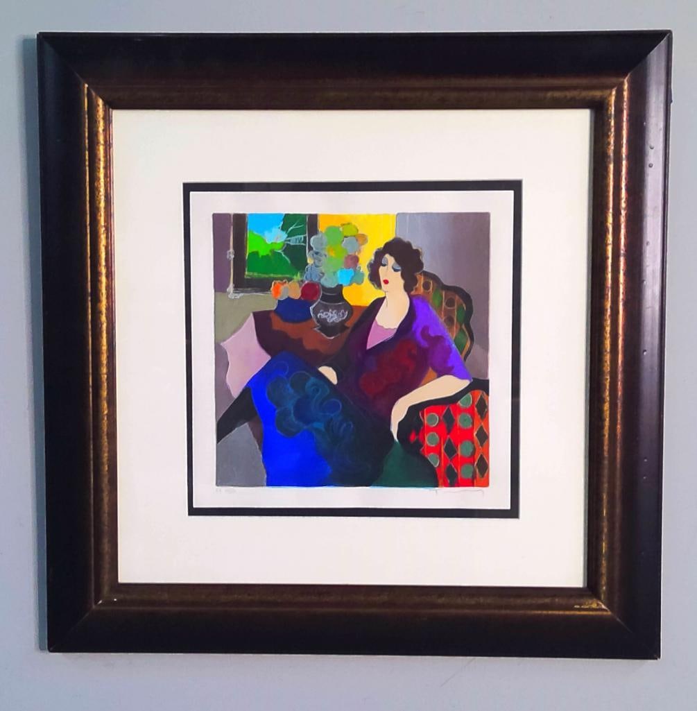 Itzchak Tarkay (Israeli, 1935–2012): Katherine, Depicting an elegantly dressed, dark-haired woman seated in a patterned chair beside a table with floral arrangements, rendered in the artist’s characteristic flattened perspective and vi