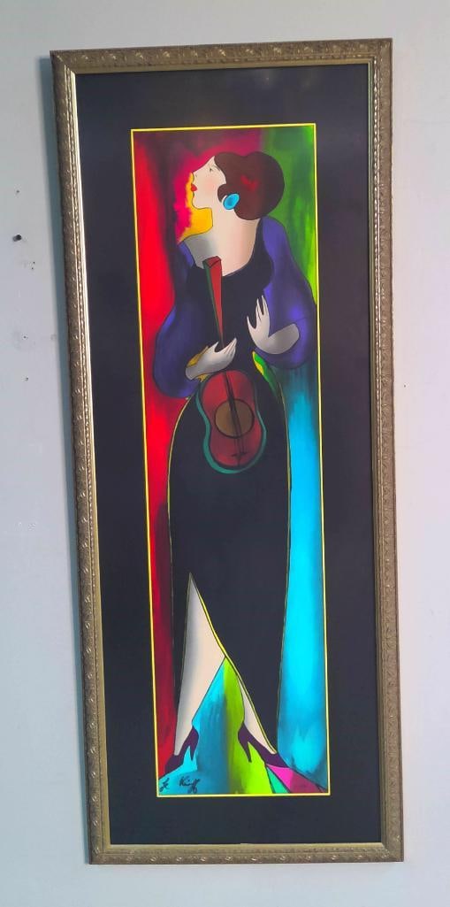 Linda Le Kinff (French, b. 1949): The Violinist, full-length portrait of a female violinist, A.P. 21/55 Color serigraph Signed lower left and numbered lower right Image: H 37 x W 10 inches; Frame: H 45 x W 18 inches Presented beneath 