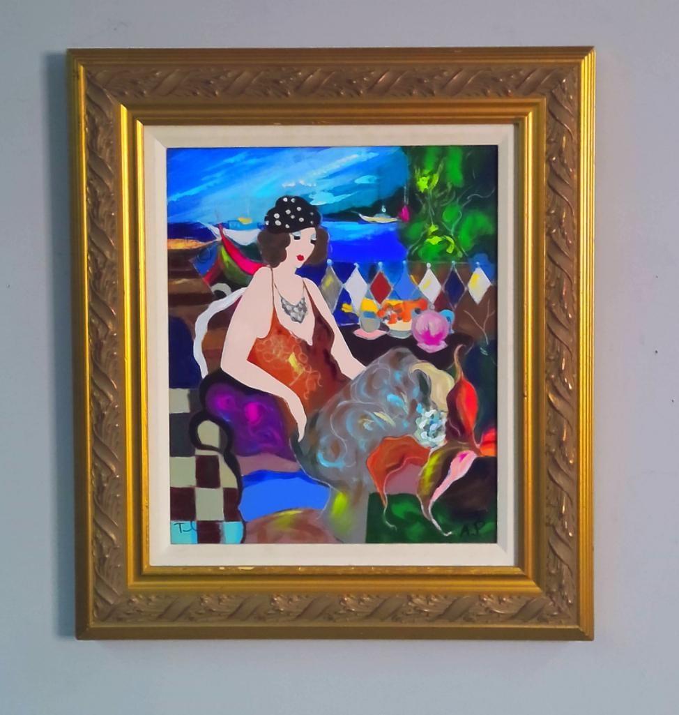 Itzchak Tarkay (Hungarian-Israeli, 1935–2012): Normandy Cafe, 2005, The composition depicts an elegantly dressed woman seated at an outdoor waterfront café, with colorful boats and a brilliant blue sea visible beyond. She wears a patterned black 