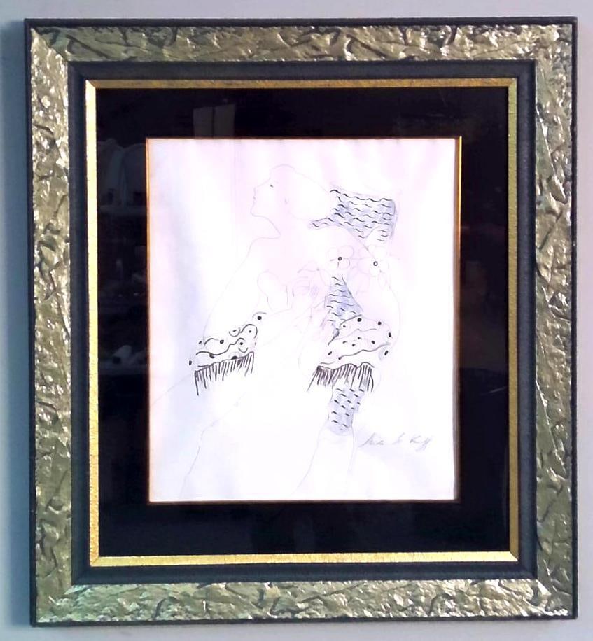 Linda Le Kinff (French, b. 1949): Untitled No. 1 (Woman with Flowers and Fan), 2000, A unique work reportedly created as a study for a series of the artist’s watercolors. Ink and wash on watercolor paper Signed in graphite lower rig
