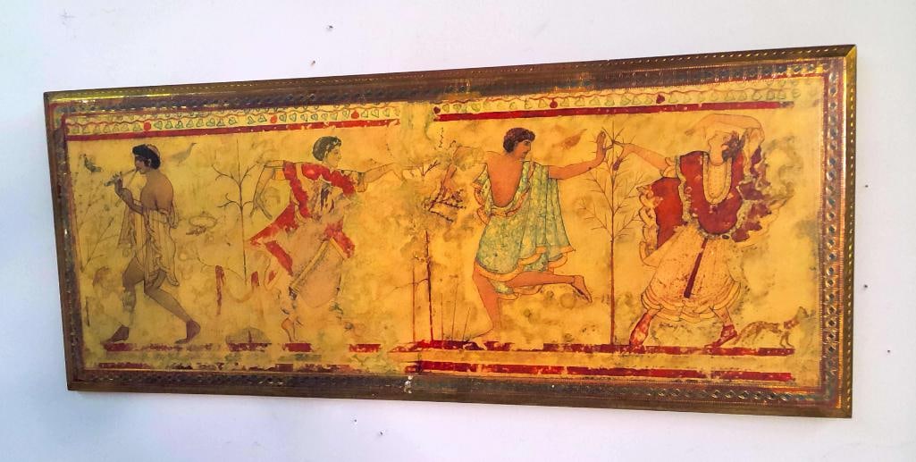 Etruscan-Style Polychrome and Giltwood Panel: Originally by Vittorio Alinari, a horizontal decorative reproduction on wood depicting musicians and dancers adapted from the ancient Etruscan wall paintings in the Tomb of the Triclinium at the Monte