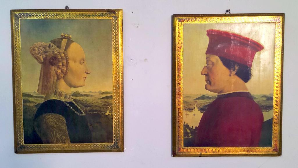 Fratelli Alinari, Pair of Renaissance Portrait Panels After Piero della Francesca: A pair of Italian photomechanical reproductions after Piero della Francesca’s celebrated diptych depicting Federico da Montefeltro, Duke of Urbino, and Battista Sforza, Duchess of Urbino. Each profi