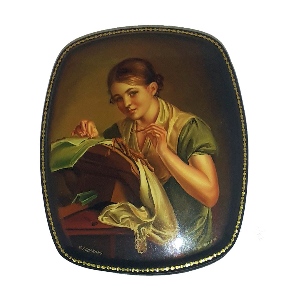 RUSSIAN LACQUER FEDOSKINO BOX SIGNED MIROSHKINA: A SUPERB HANDPAINTED RUSSIAN LACQUER FEDOSKINO BOX SIGNED MIROSHKINA.The box exquisitely hand painted with a portrait of a young lace maker. It is signed by the artist Miroshkina and marked Fedoskino.