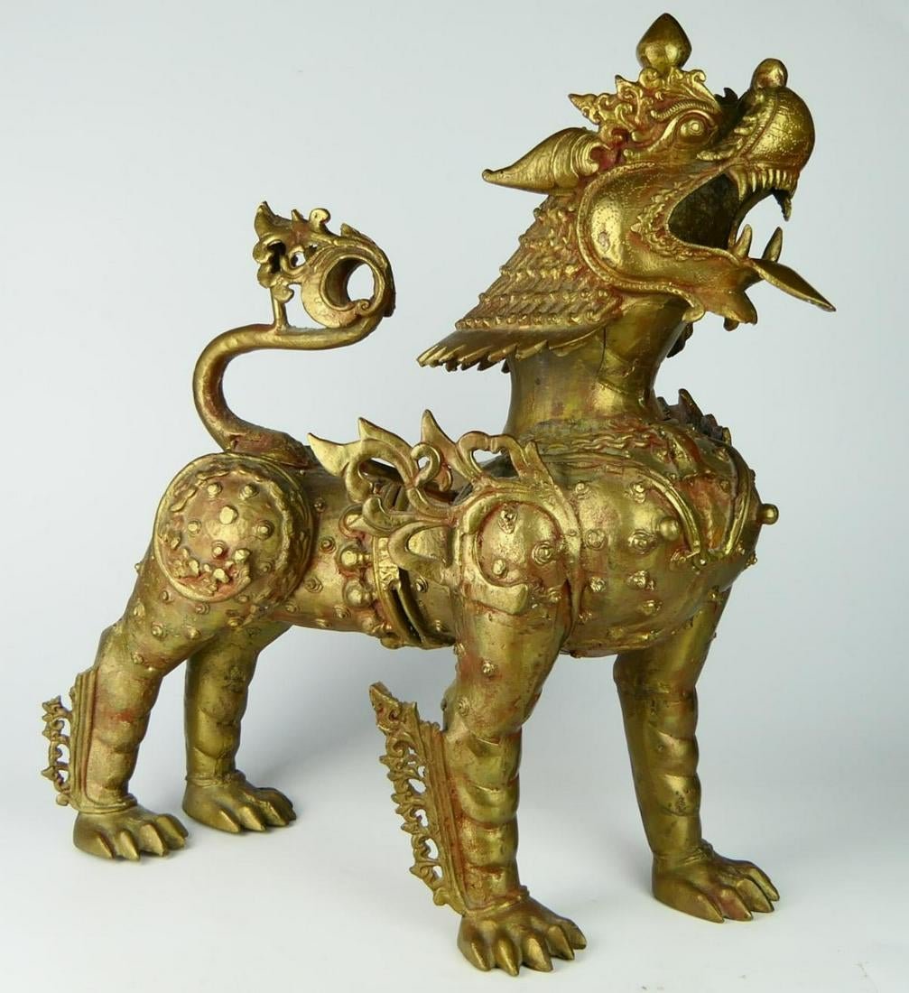 LARGE ASIAN BRONZE FIERCE BUDDHIST TEMPLE LION: The Buddhist temple Foo lion is fierce with a great expression. It is very heavy and Measures 53 cm, 21 1/2 inches tall, 45 cm ,18 inches long. The patina is duller and older looking, not the bright g