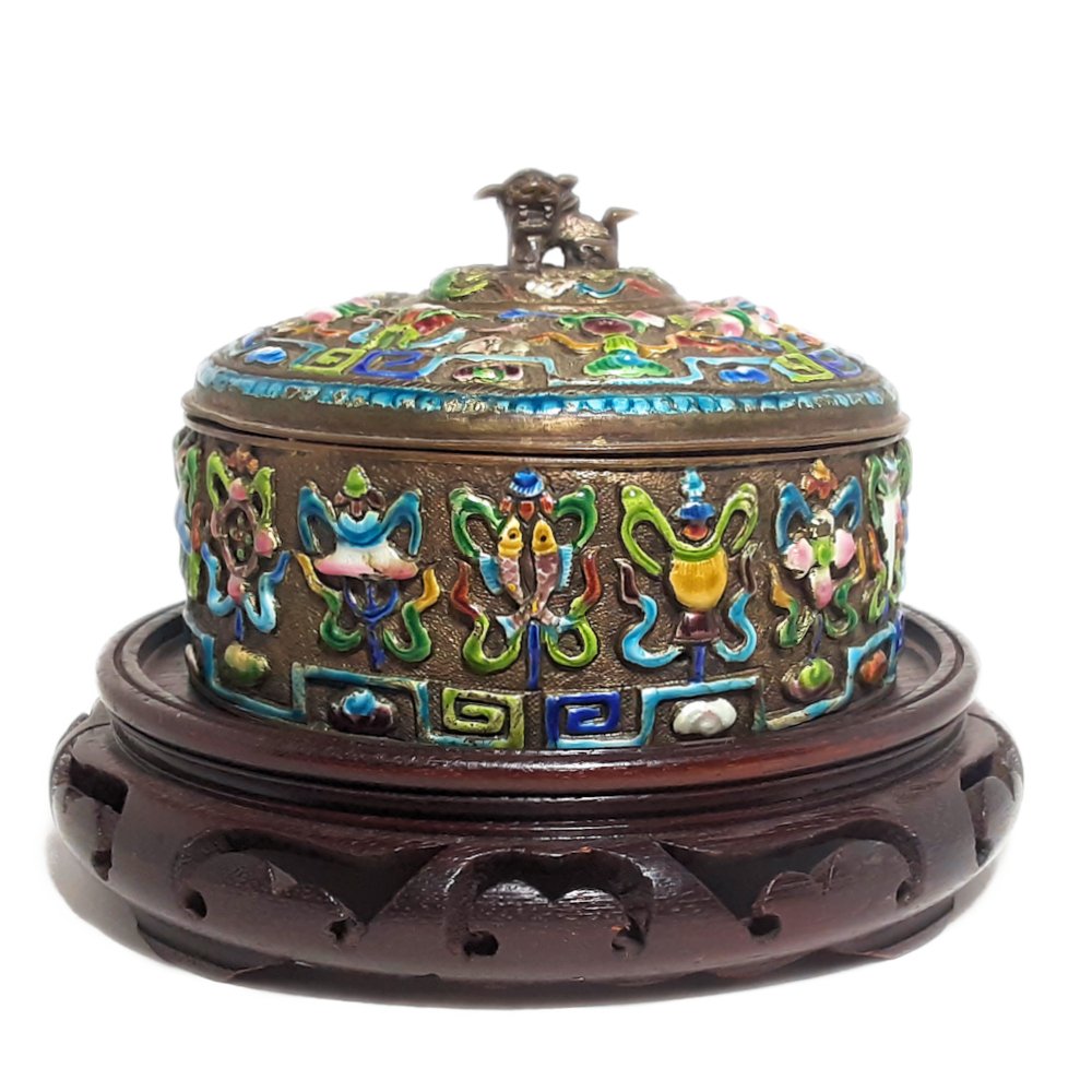 CHINESE ENAMEL BRONZE BOX ON ROSEWOOD STAND QING 19THC (1 of 5)
