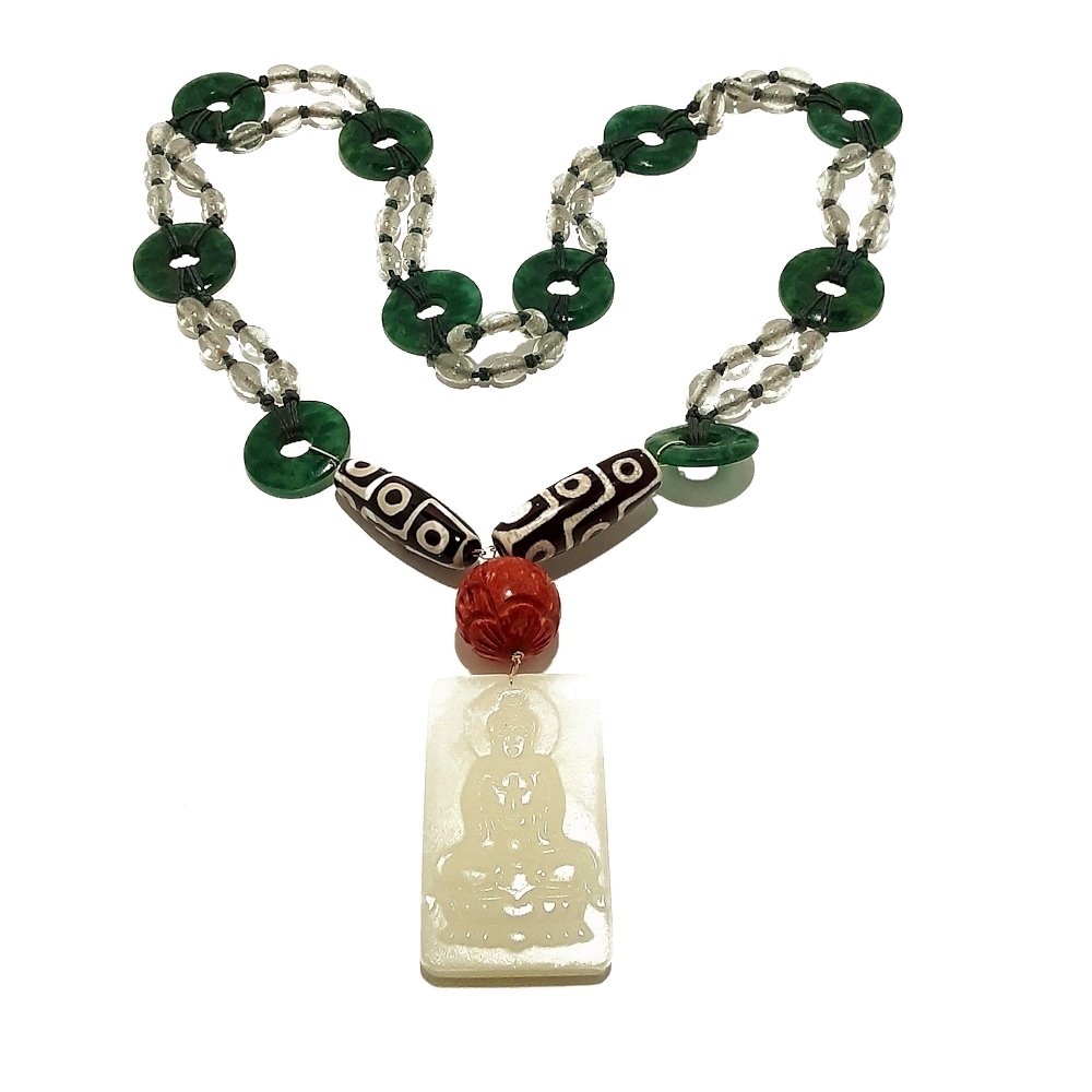 SUPERB NECKLACE, JADE QUANYIN, DZI BEAD, CORAL (1 of 2)