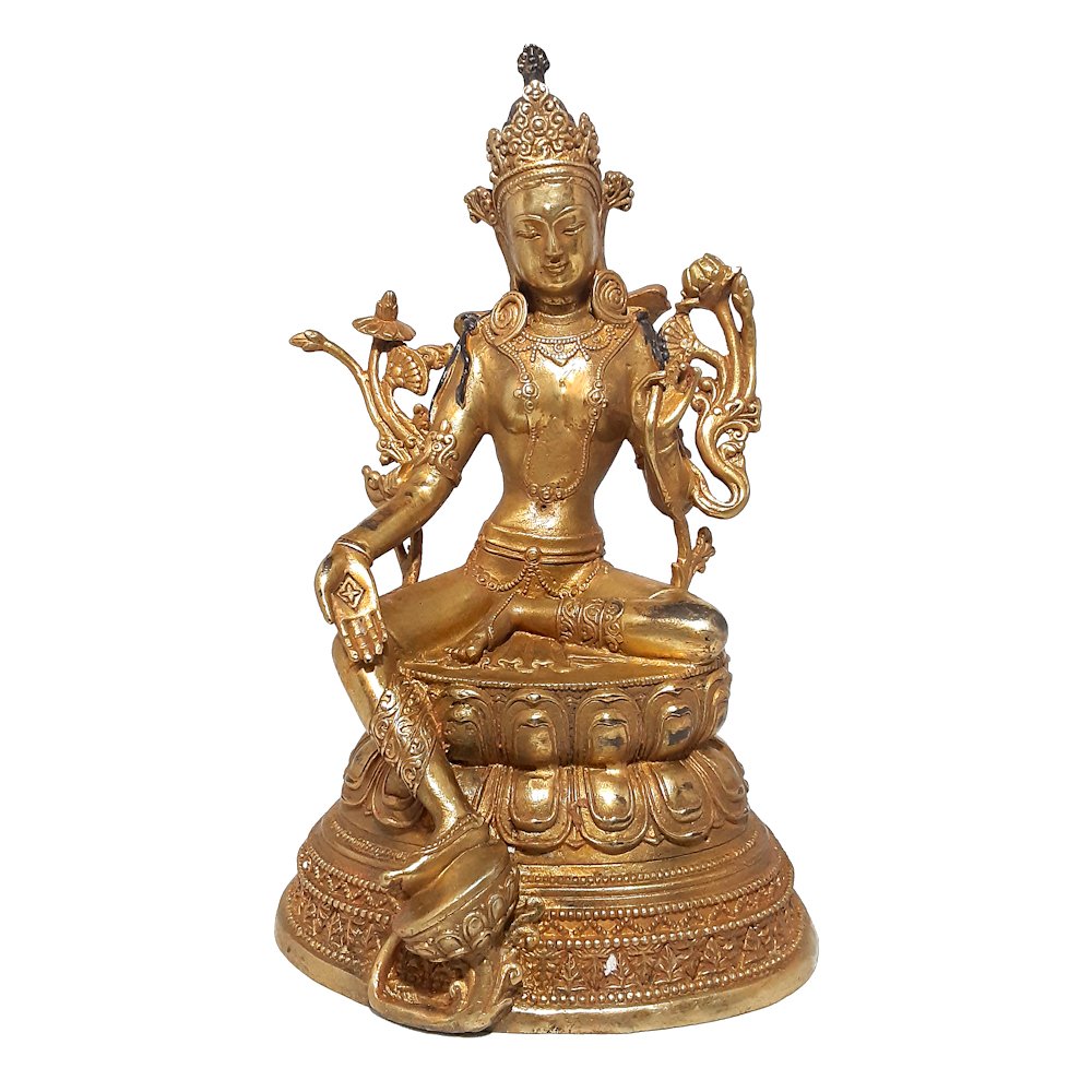 TIBETAN VERY FINE GILDED BRONZE STATUE GREEN TARA (1 of 6)
