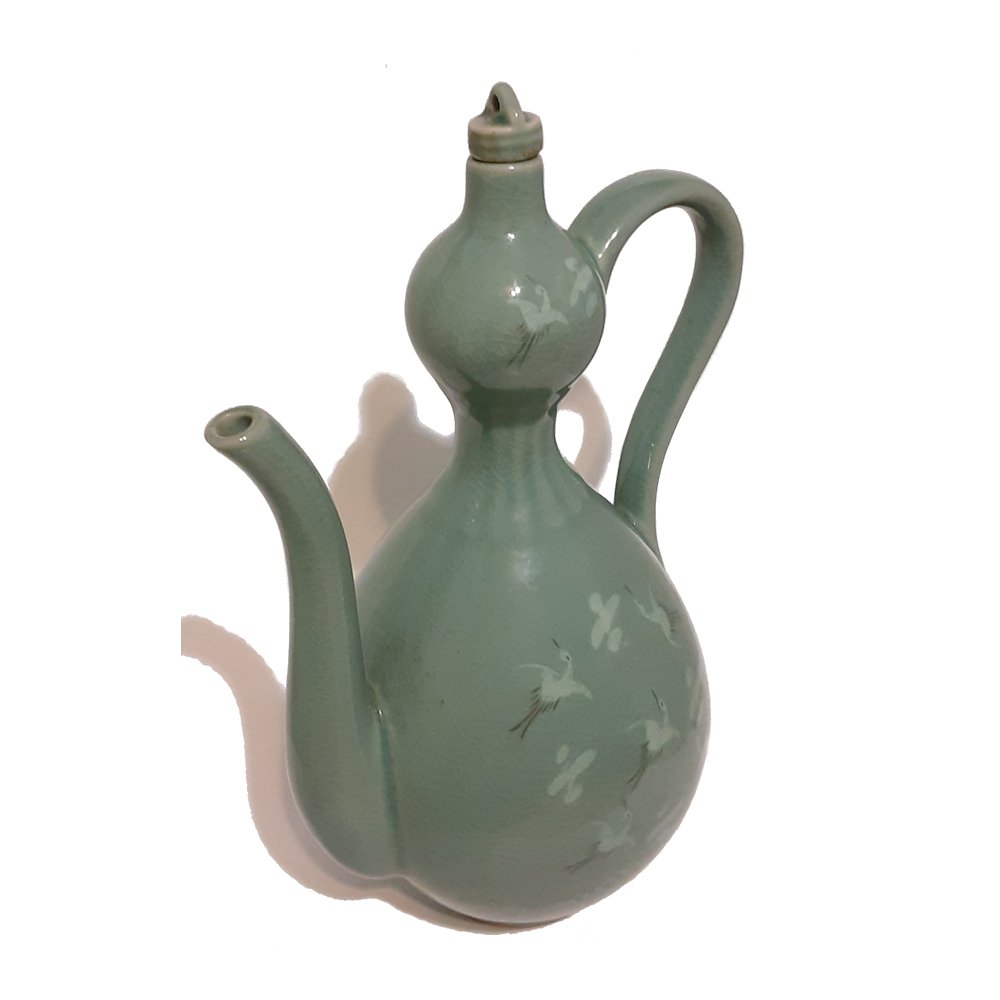 SUPERB KOREAN CELADON SIGNED WINE POT 13 INCHES: Beautiful Korean Celadon Slip Decorated Crane Double Gourd Pitcher/Pot with Lid. Approximately 13 inches tall. Very nice condition.