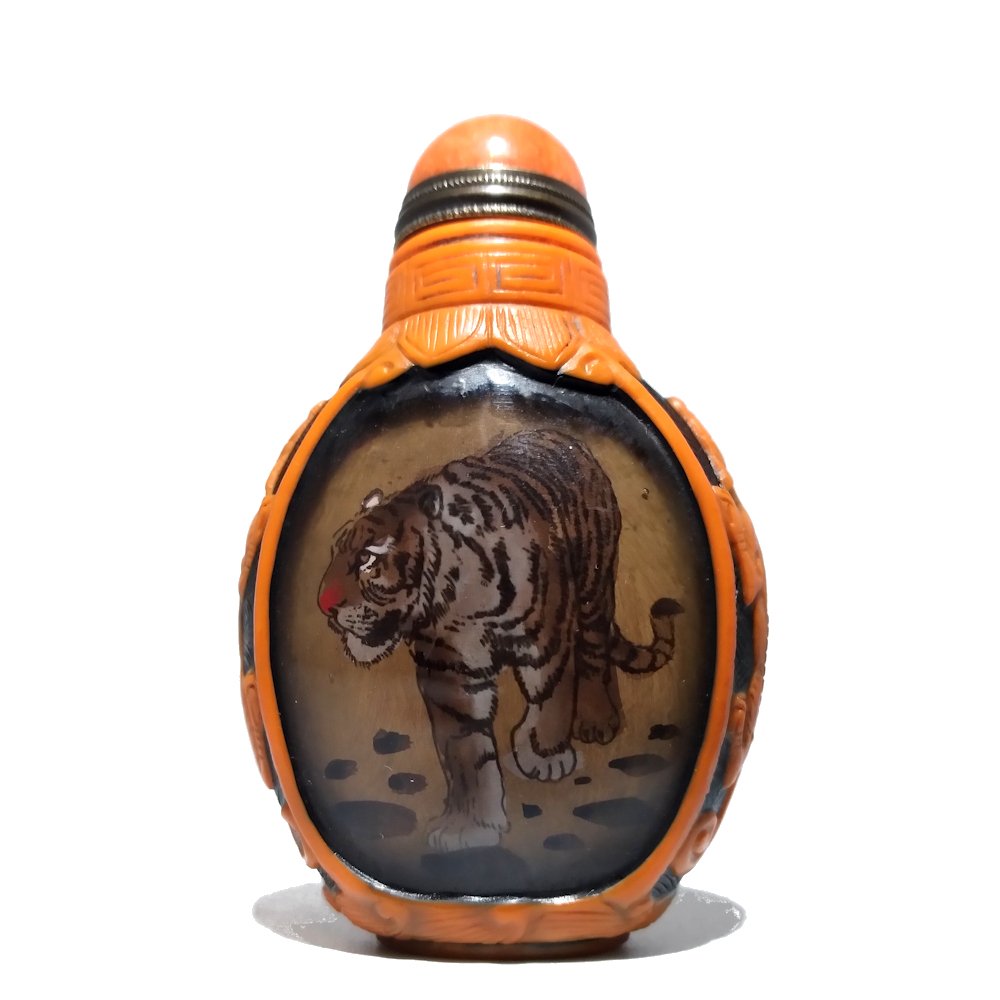 RARE CARVED PEKING GLASS PAINTED INSIDE SNUFF BOTTLE (1 of 6)