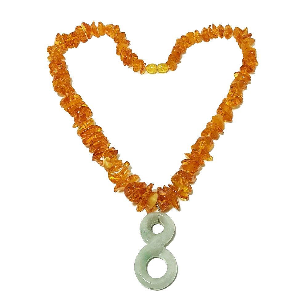 CHINESE NATURAL AMBER NECKLACE, JADEITE PENDANT (1 of 3)