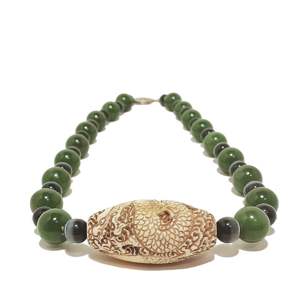 A SUPERB RARE CHINESE NECKLACE OF GREEN JADE, CAT EYE (1 of 4)