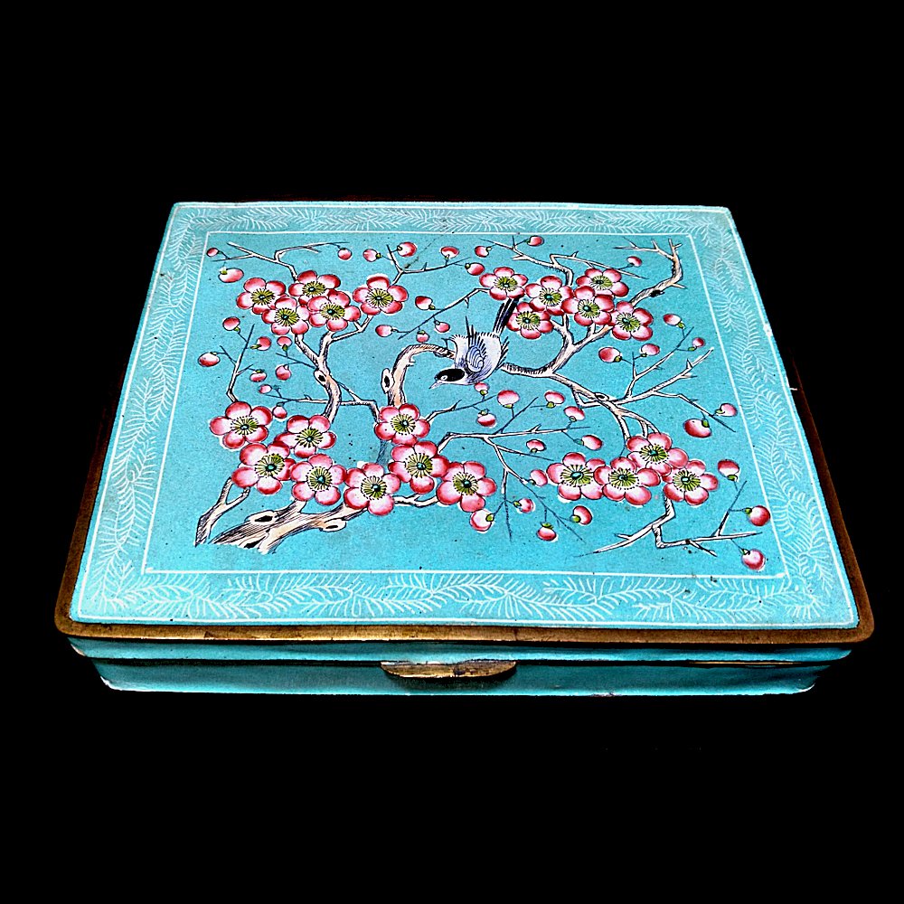 EXQUISITE CHINESE ENAMEL BRONZE BOX CHERRY BLOSSOM BIRD (1 of 10)