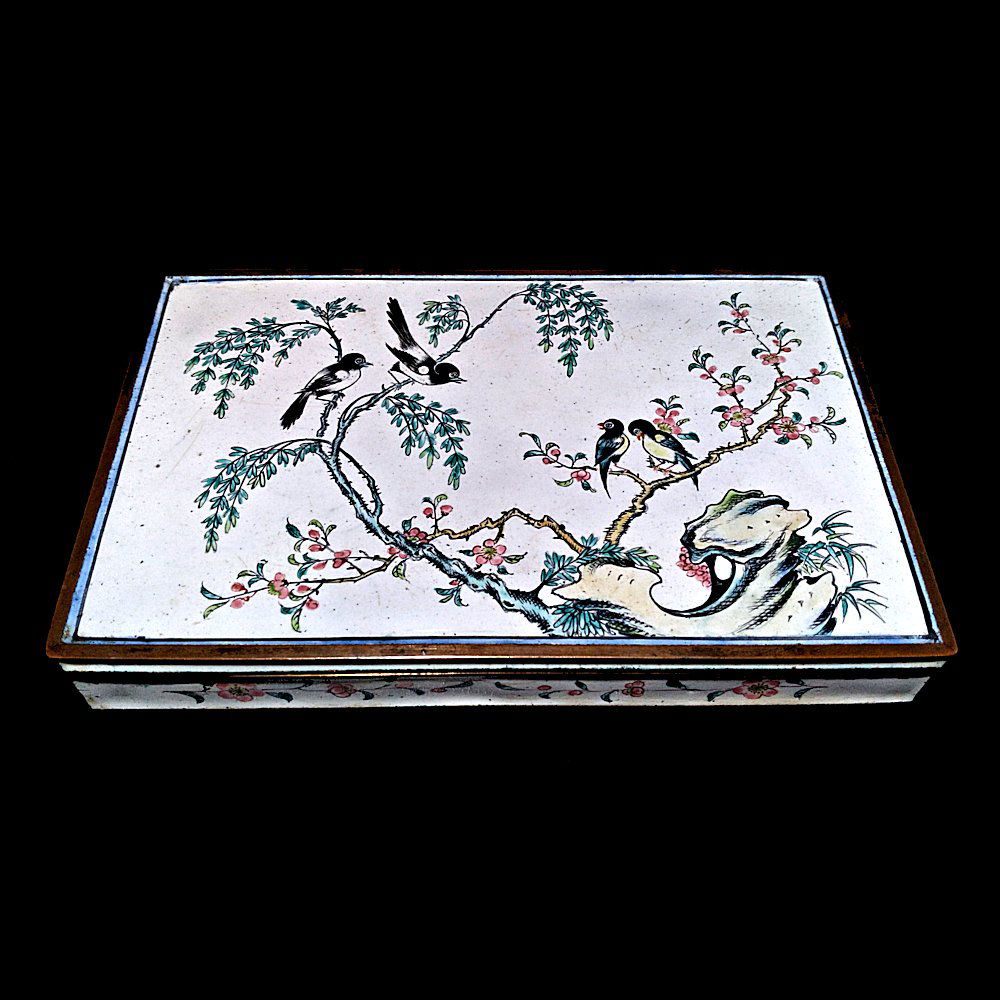 EXQUISITE CHINESE COPPER ENAMEL BOX BIRDS FLOWERS (1 of 8)