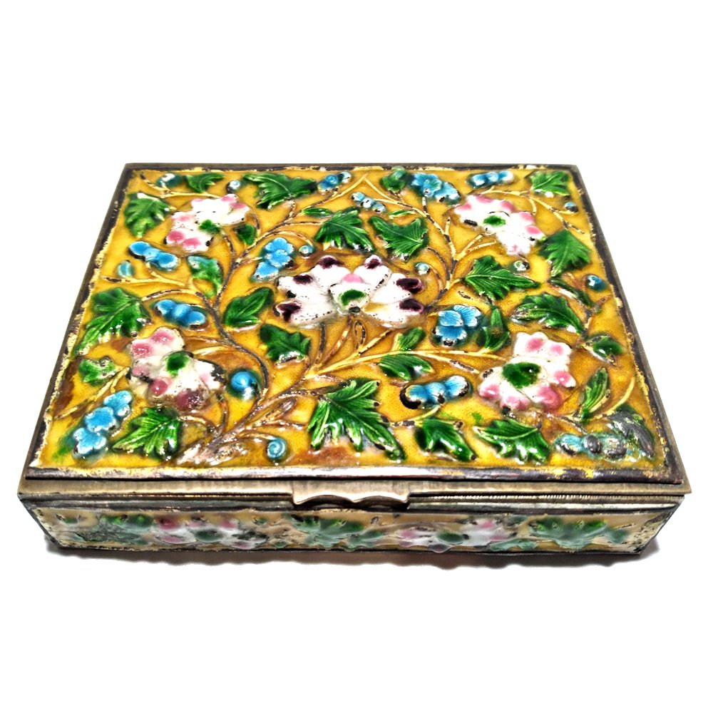 ANTIQUE CHINESE ENAMEL BOX FLORAL, YELLOW GROUND (1 of 9)
