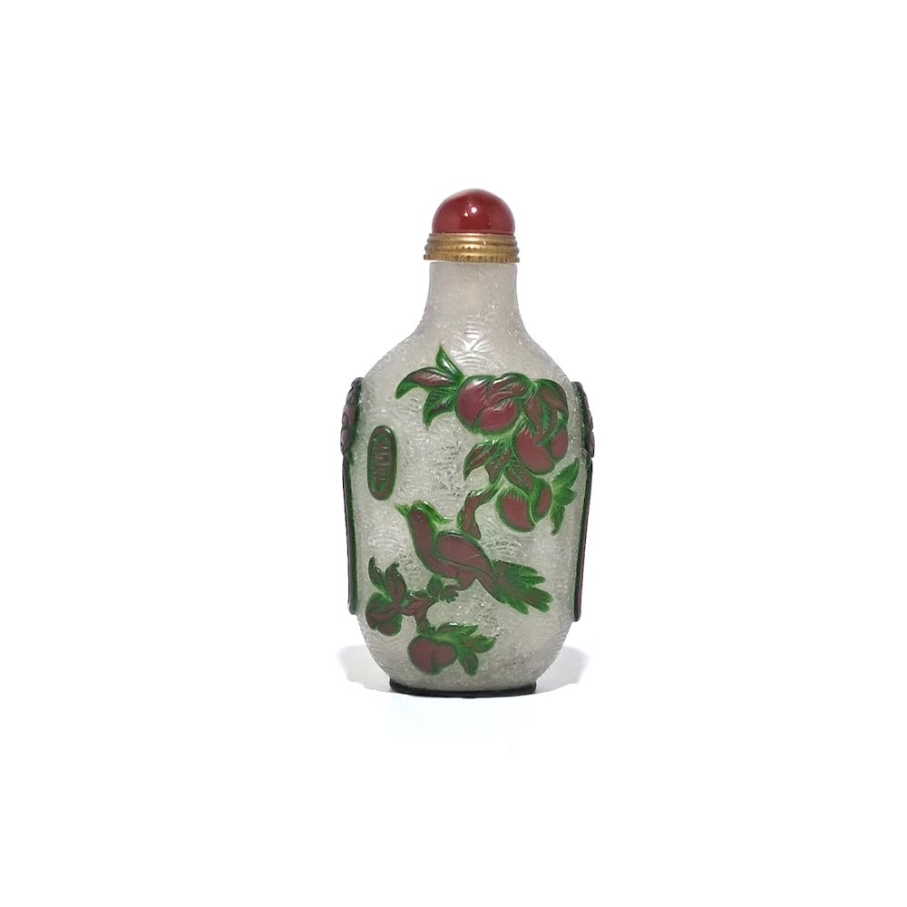 FINE PEKING GLASS SNUFF BOTTLE BIRD, BAT PEACHES SIGNED (1 of 7)