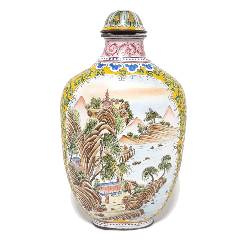 SUPERB ENAMEL ON COPPER SNUFF BOTTLE LANDSCAPE QING (1 of 5)