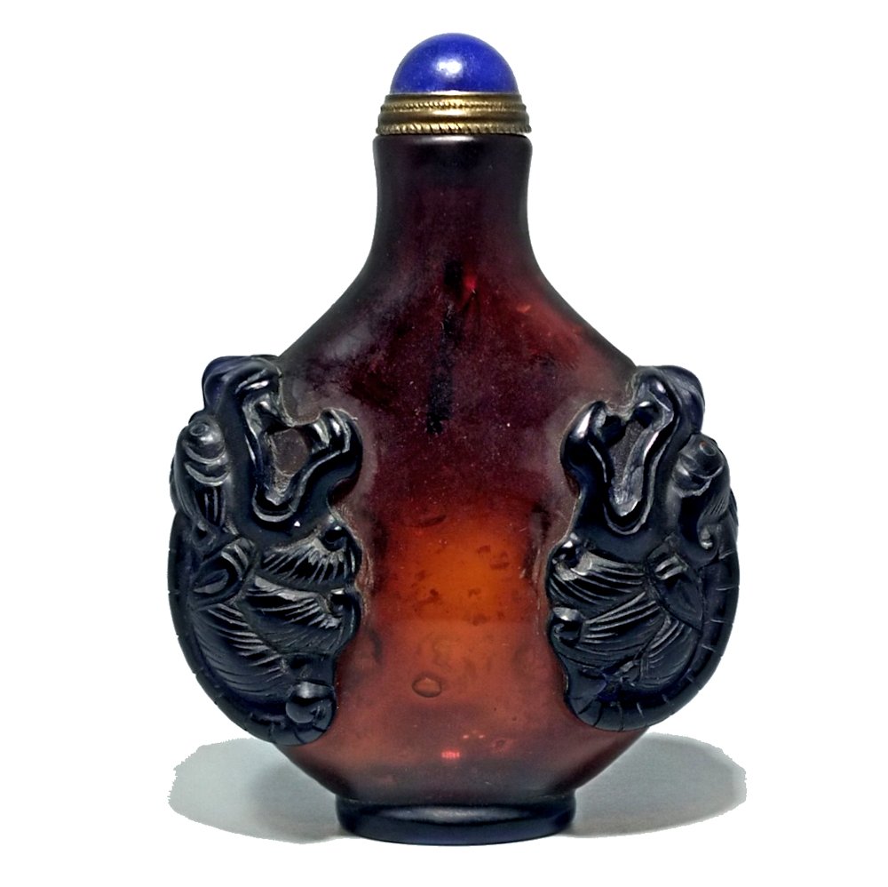 OUTSTANDING SNUFF BOTTLE GOLD FLECKED GLASS DRAGONS (1 of 9)