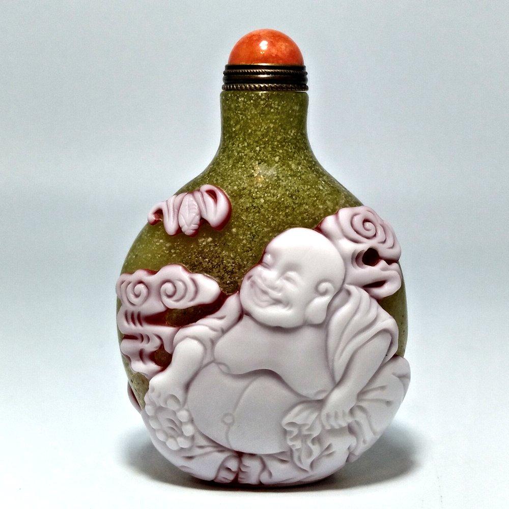 FANTASTIC PEKING GLASS SNUFF BOTTLE BUDDHA SIGNED (1 of 7)