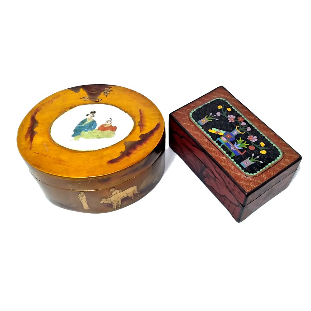 2 CHINESE BOXES 19TH C LACQUER CLOISONNE BAMBOO GILDE (1 of 9)