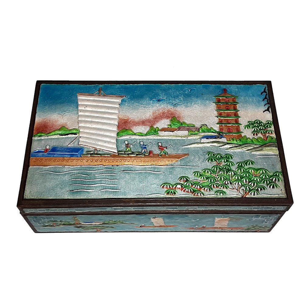 Superb Chinese Antique Enamel Box Sampan boat 6.25" (1 of 9)