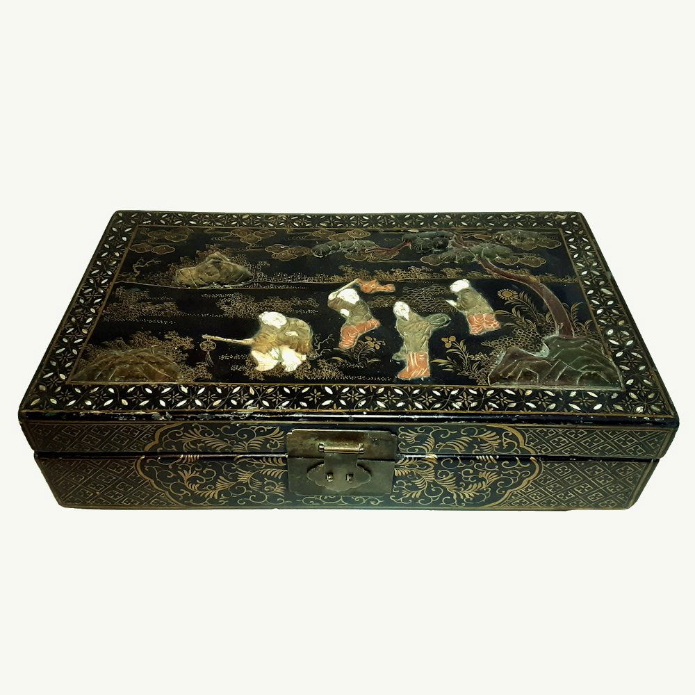 CHINESE LACQUERED DOCUMENT BOX STONE & JADE (1 of 7)