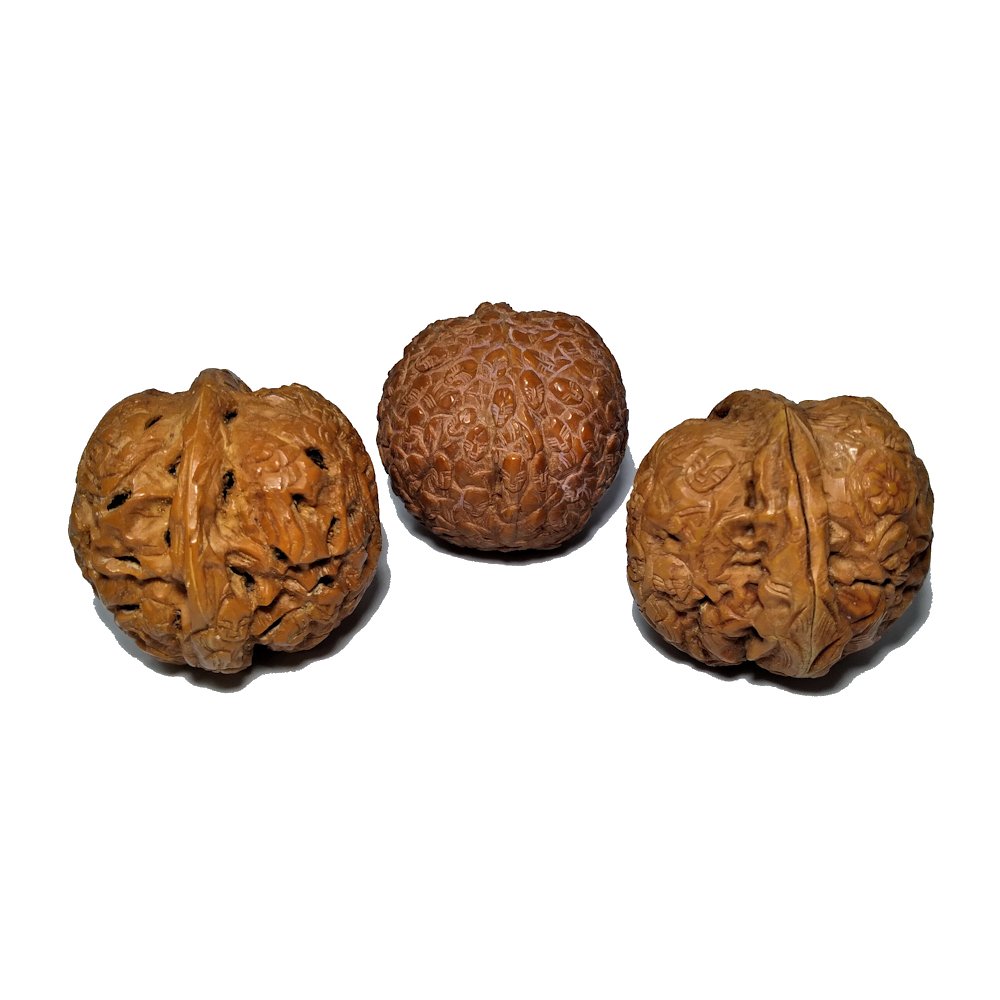 LOT OF 3 CARVED CHINESE WALNUTS ON STAND (1 of 5)