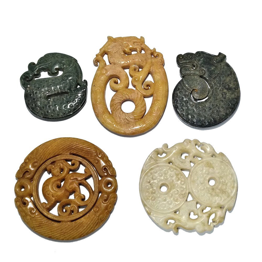LOT OF 5 CHINESE JADE BI & HARDSTONE CARVINGS (1 of 4)