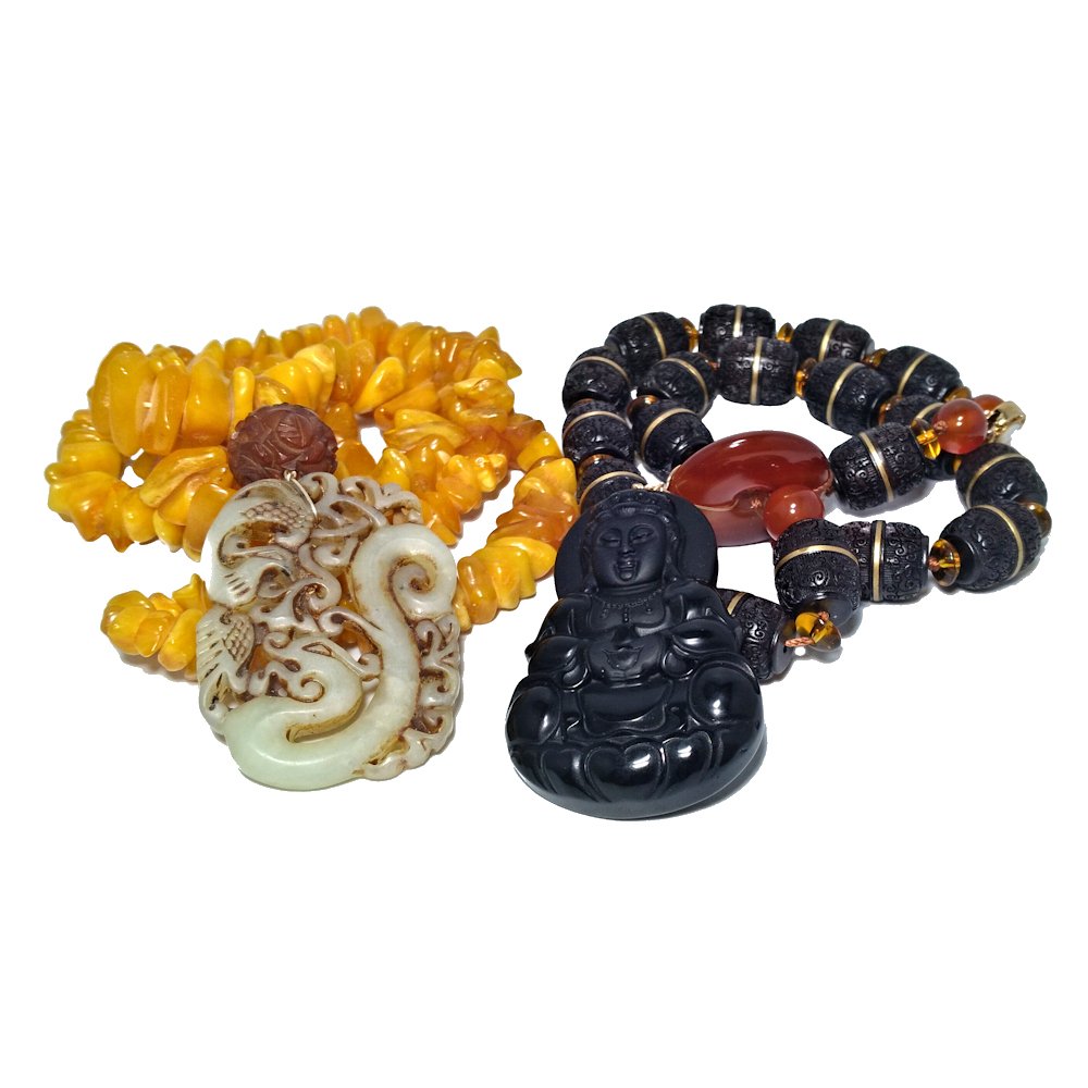 2 CHINESE NECKLACE NATURAL AMBER JADE ONYX SANDALWOOD (1 of 8)