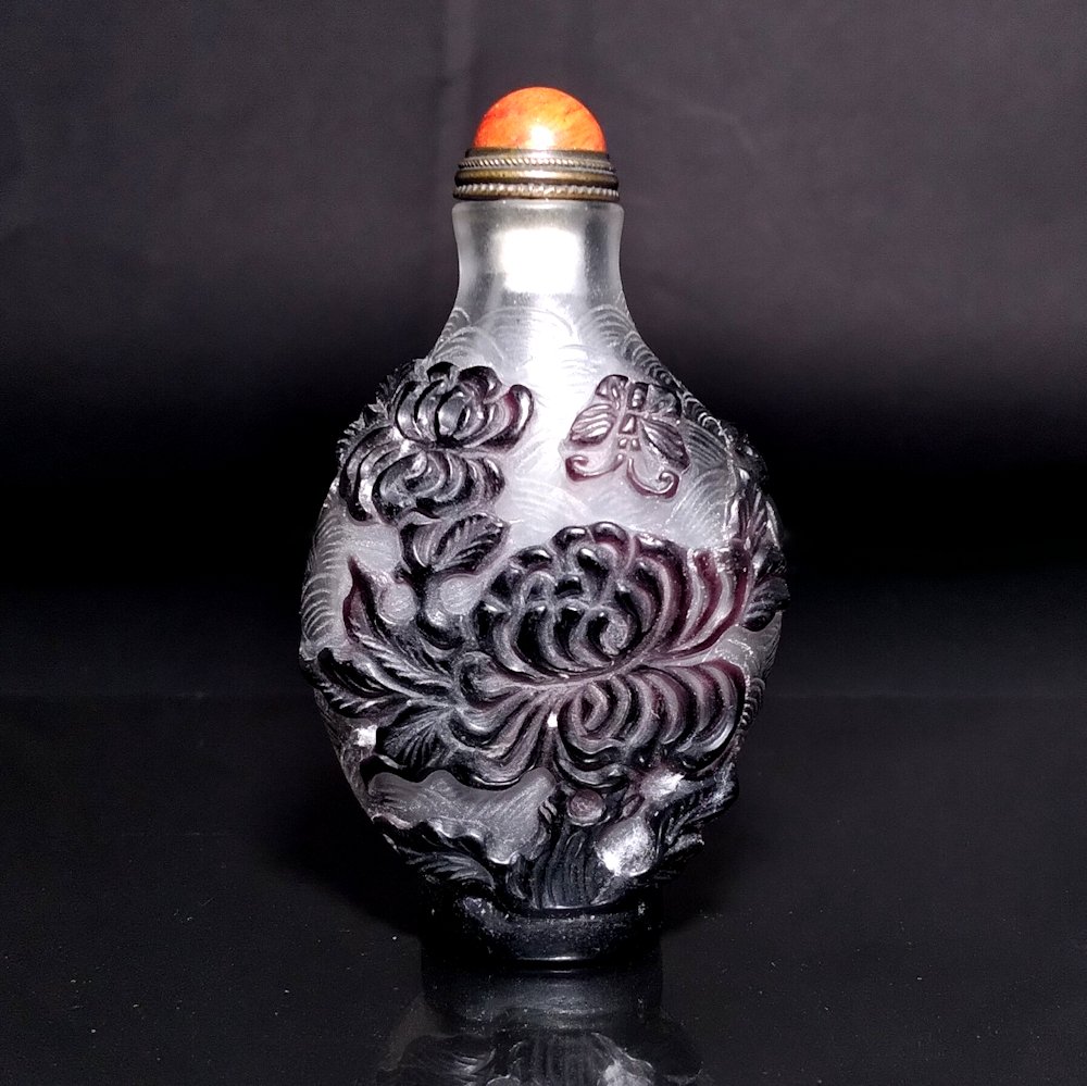 SUPERB CHINESE OVERLAY GLASS SNUFF BOTTLE PEONIES (1 of 8)