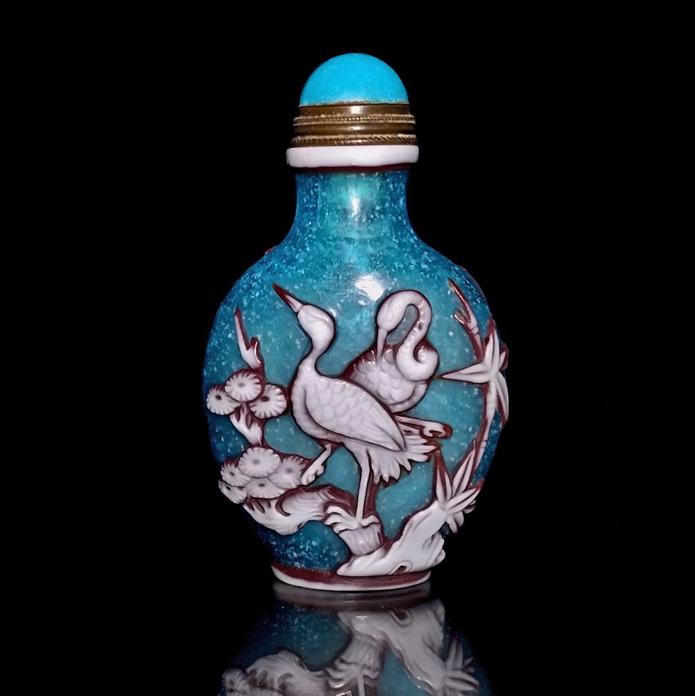 FINE PEKING GLASS OVERLAY SNUFF BOTTLE STORKS QIANLONG (1 of 9)