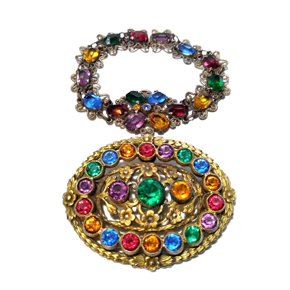 LOT OF 2 VINTAGE  MULTI COLOR CZECH BROOCH & BRACELET (1 of 5)