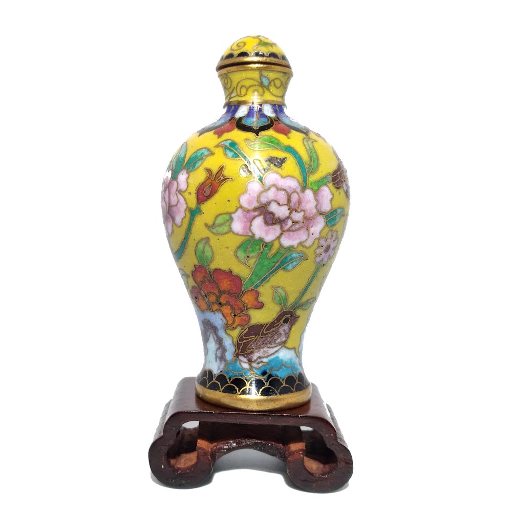 RARE 19C CHINESE YELLOW CLOISONNE  SNUFF BOTTLE QUAILS (1 of 9)