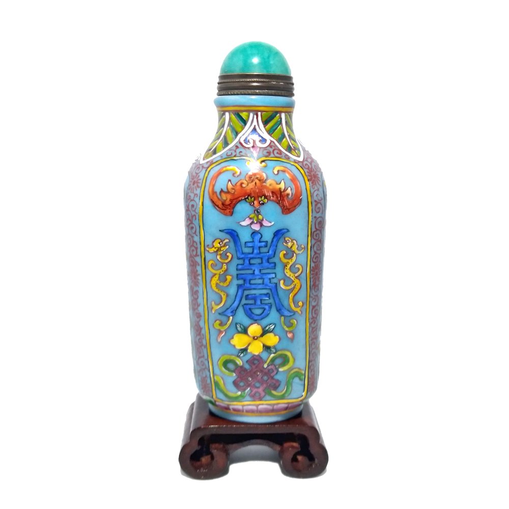 SUPERB CHINESE SNUFF BOTTLE ENAMEL ON GLASS SHOU, BATS (1 of 9)