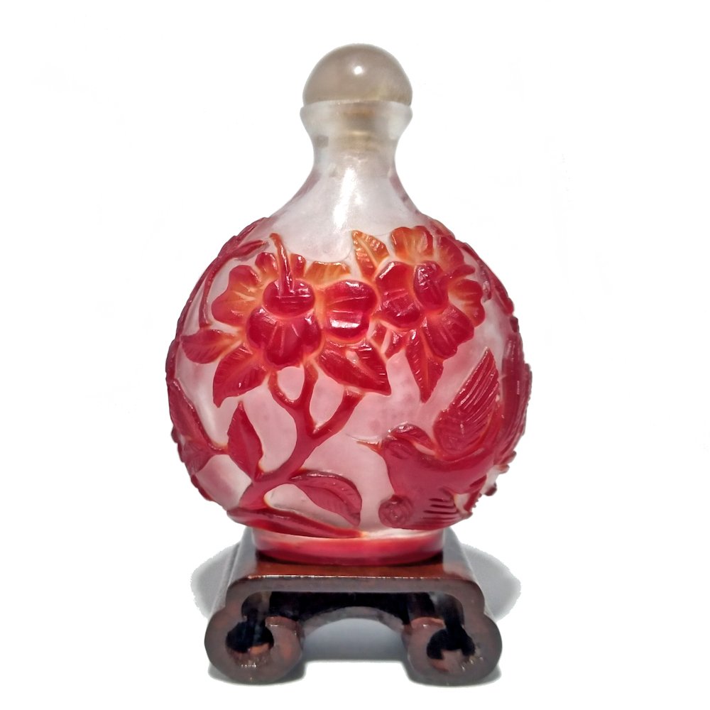 FINE ANTIQUE CHINESE GLASS OVERLAY SNUFF BOTTLE BUTTERFLY PEONY (1 of 11)