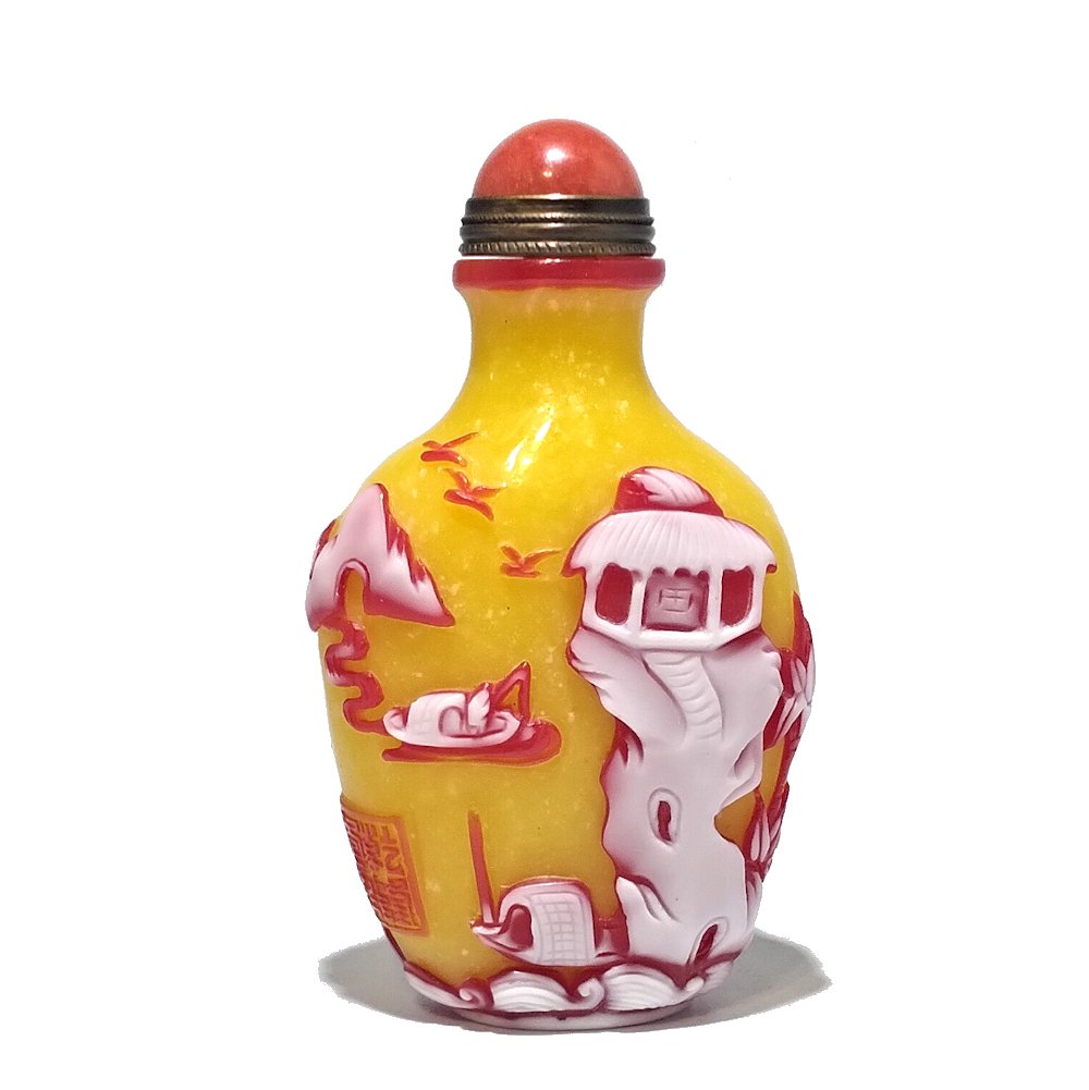 EXQUISITE PEKING GLASS SNUFF BOTTLE BOATS LANDSCAPE (1 of 6)