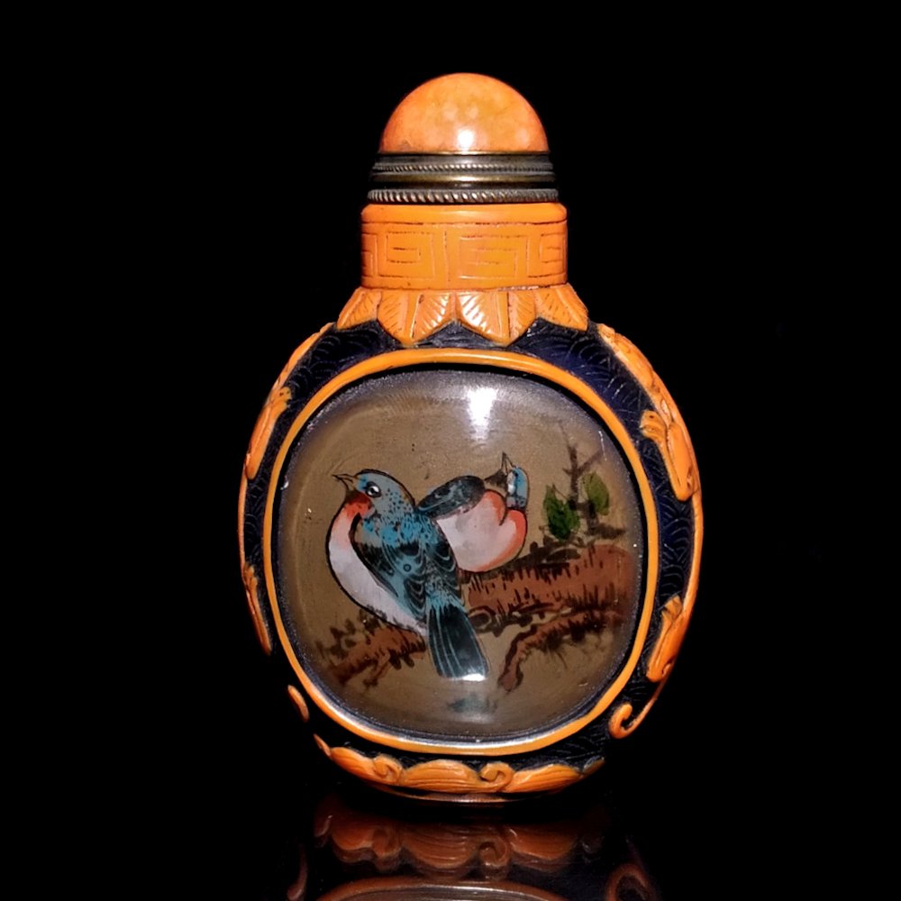 CARVED OVERLAY INSIDE PAINTED SNUFF BOTTLE BIRDS (1 of 8)