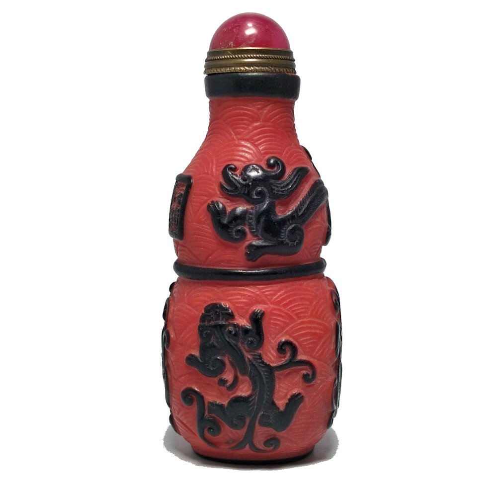 SIGNED RARE PEKING SNUFF BOTTLE RED BLACK QIANLONG (1 of 8)