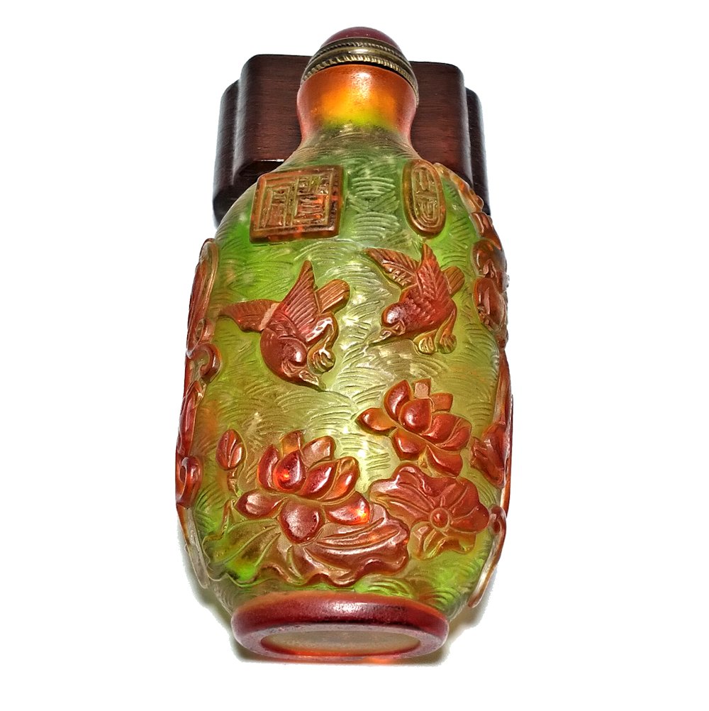 PEKING GLASS SNUFF BOTTLE CARP LOTUS BIRDS SIGNED (1 of 8)