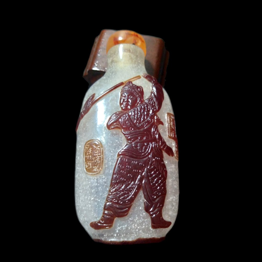 SUPERB SIGNED PEKING GLASS SNUFF BOTTLE WARRIOR 18-19C (1 of 8)