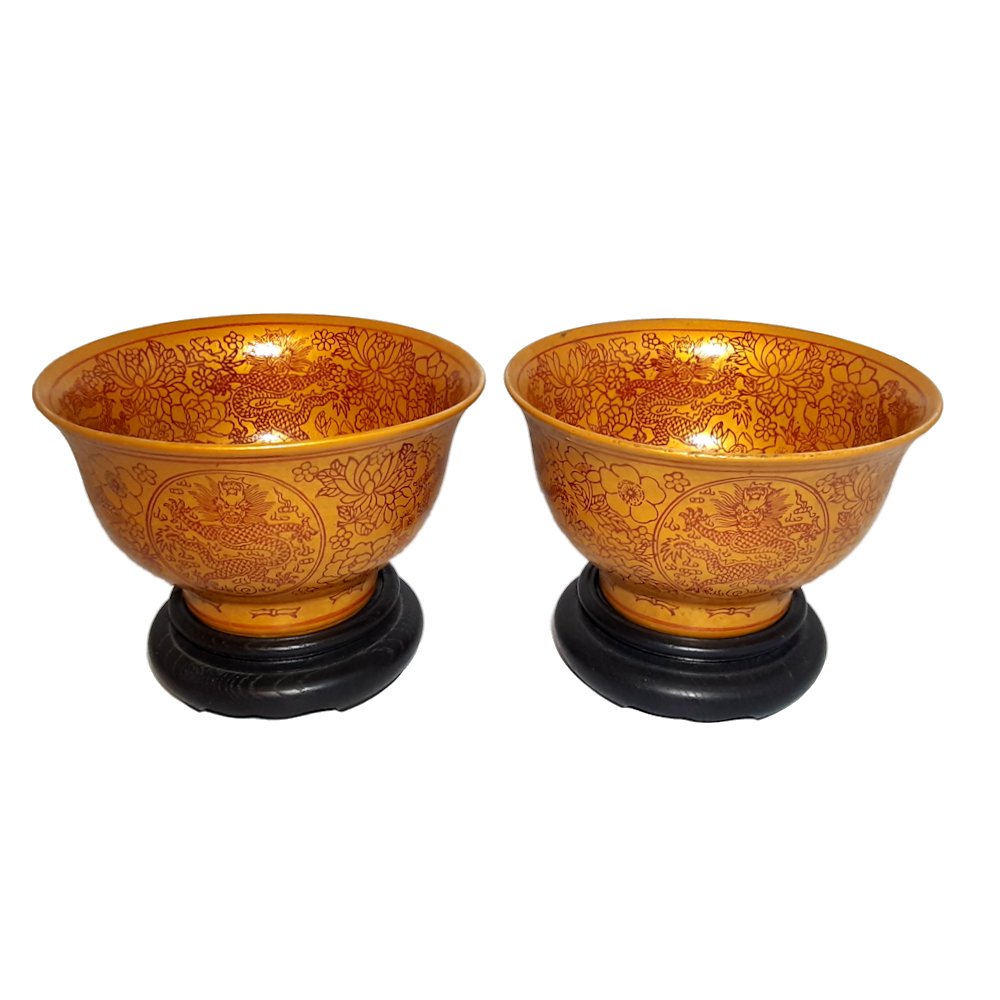 PAIR IMPERIAL CHINESE GOLDEN YELLOW DRAGON BOWLS QING (1 of 5)